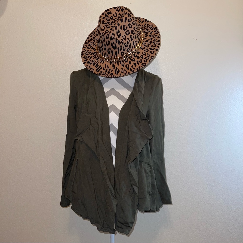 Bleuh Ciel Army Green Solid Lightweight Waterfall Rayon Utility Blazer Medium